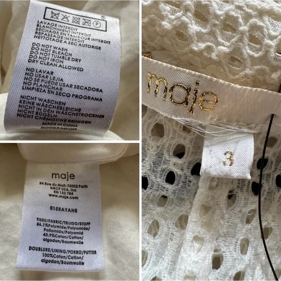 MAJE Rayane Ivory Black Piping Eyelet Lace Puffball Lined Dress Size 3 Large - Picture 8 of 14